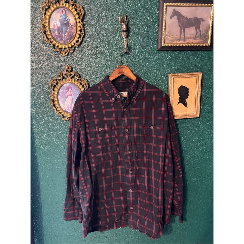Duluth Trading Shirt Mens Medium Red Black Plaid Button Down